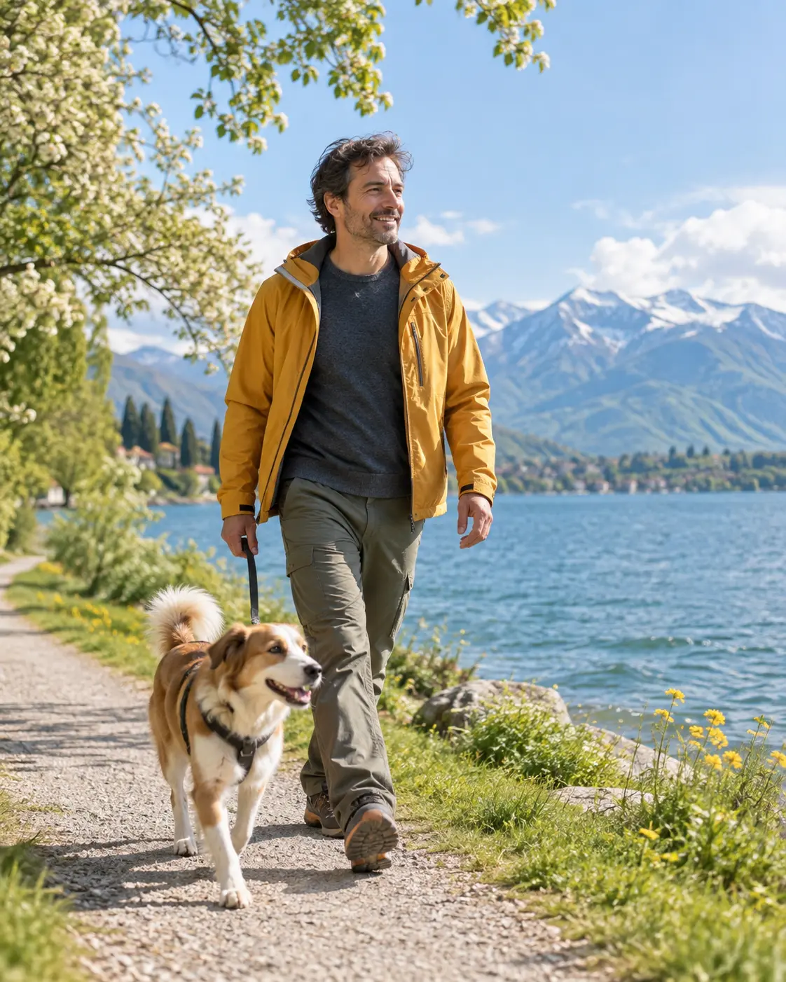 Ein Mann geht an einem sonnigen Morgen mit seinem Hund am See spazieren